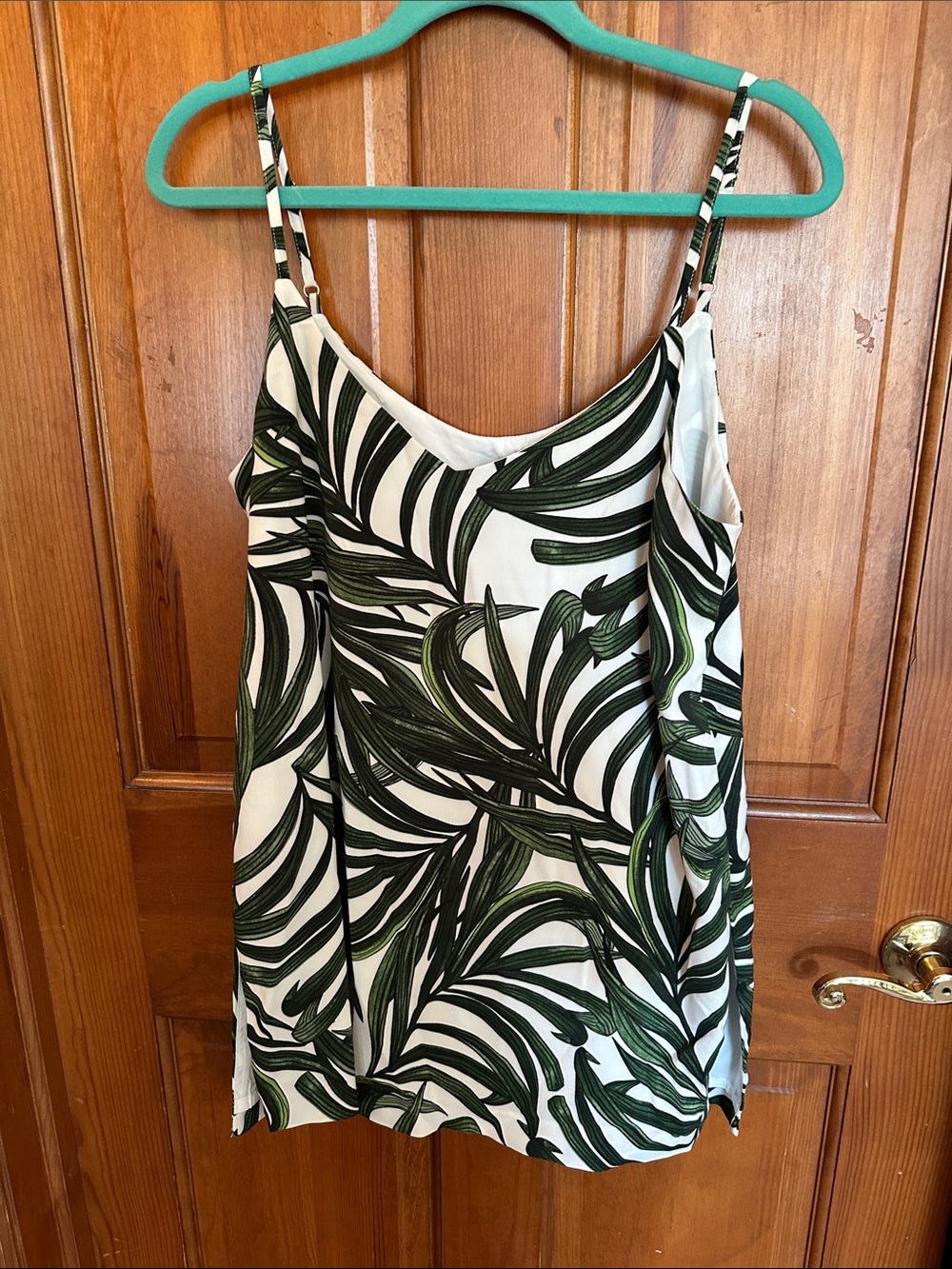 White Camisole with Green Leaf Print - Women's Spaghetti Strap Top